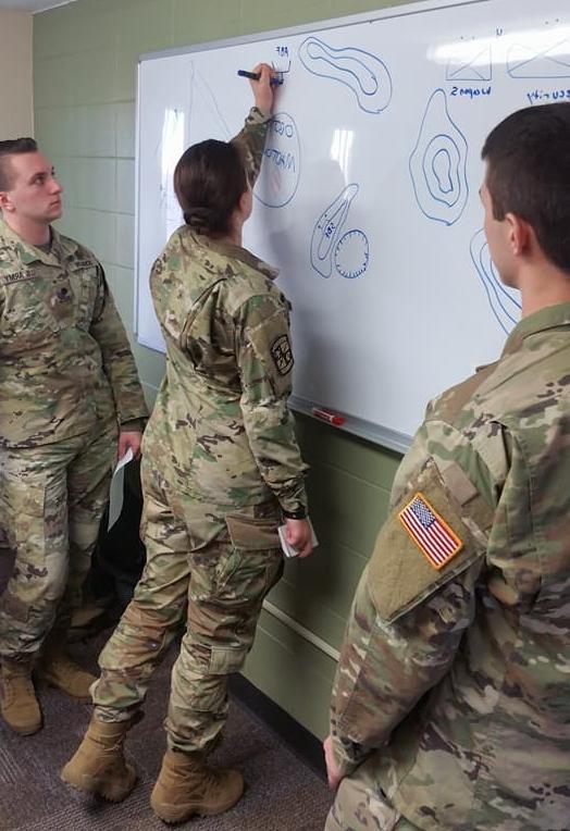 Students in uniform drawing strategy on a whiteboard