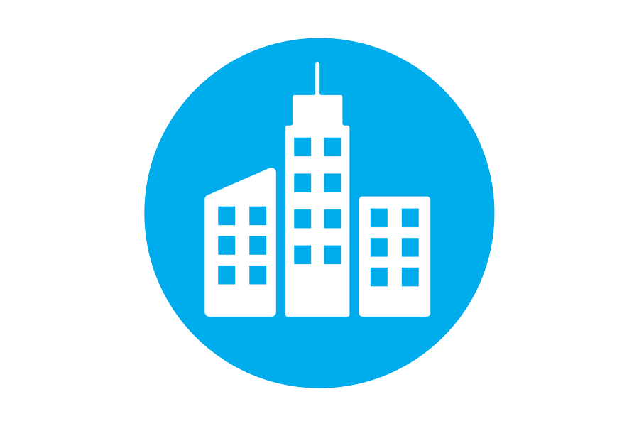 Graphic of three tall white buildings on a blue background.