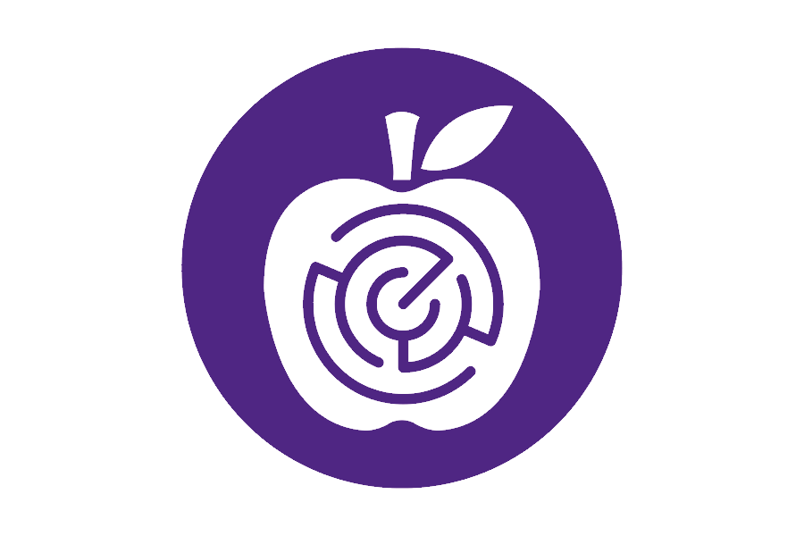 purple circle with a white apple with a small maze in the apple