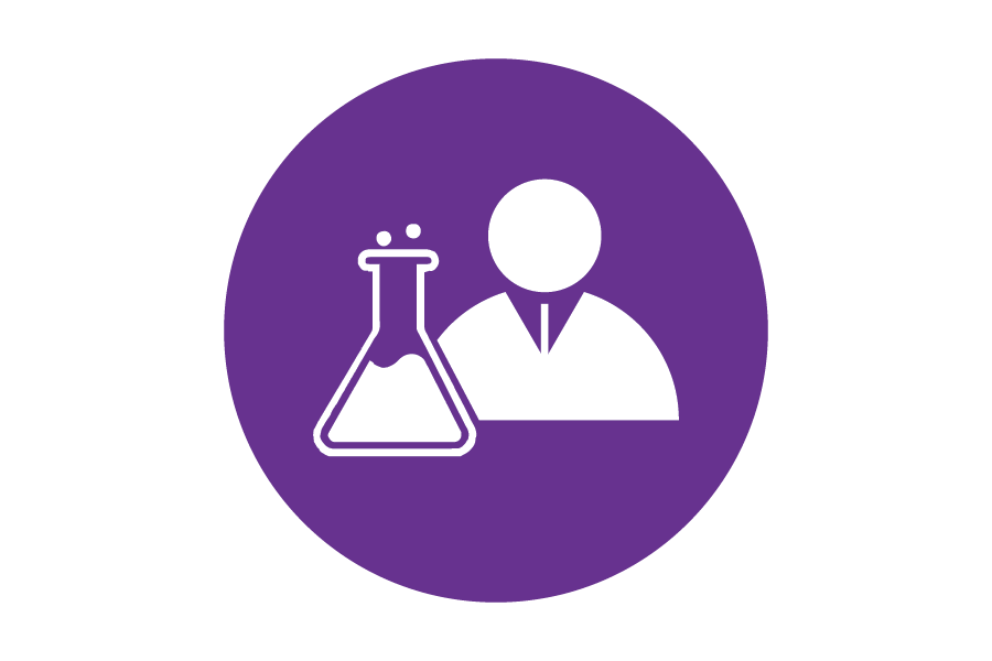 Icon of a person in a lab coat by a beaker.