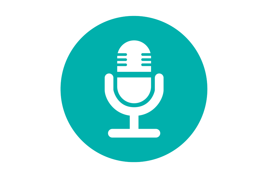 White graphic of a microphone on a teal background.