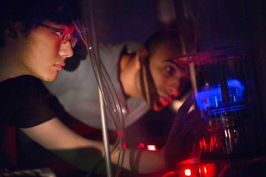 Cold atmospheric plasma glows purple inside a vacuum chamber as Jalal Nawash looks on.