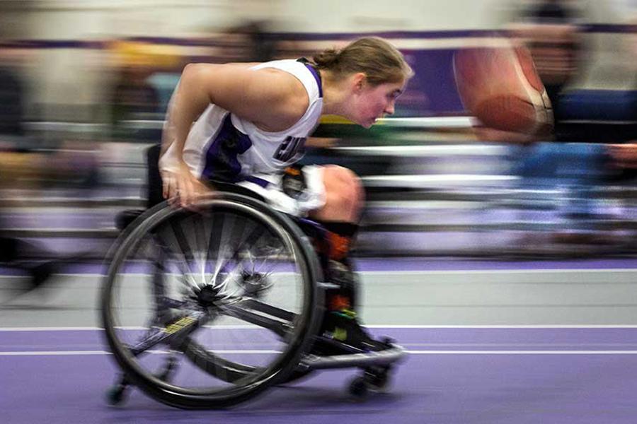 Zooming down the court with a basketball