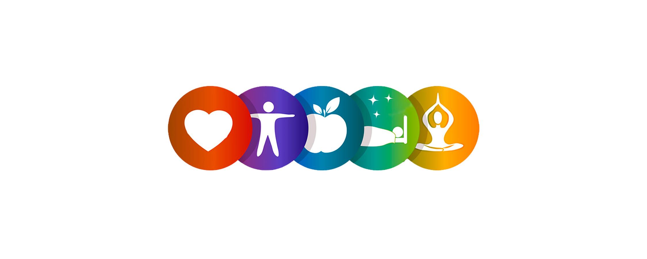 Worksite wellness logo. Multi-colored circles with wellness icons in them in white